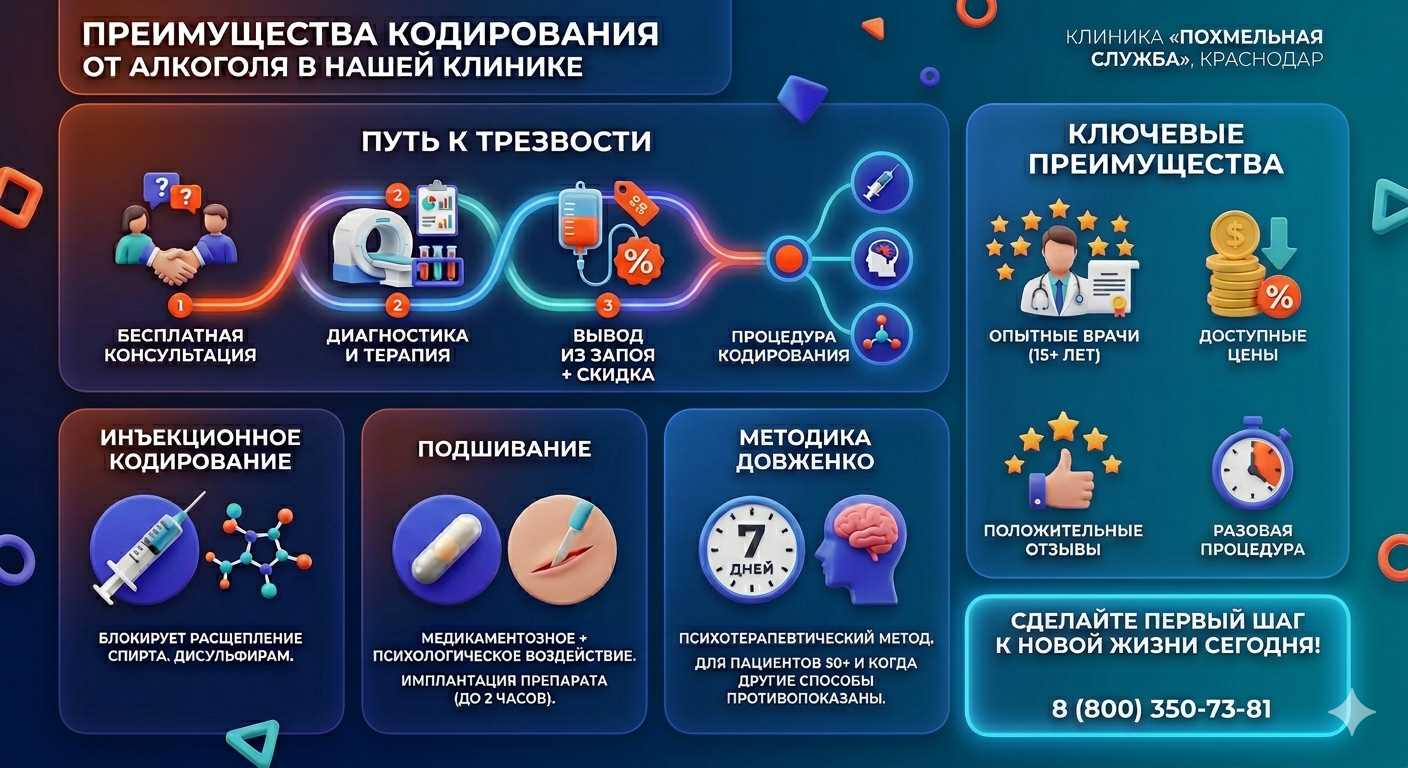 Инфографика о методах кодирования от алкоголя в Снежном: инъекции, подшивание, метод Довженко. Преимущества клиники и этапы лечения.