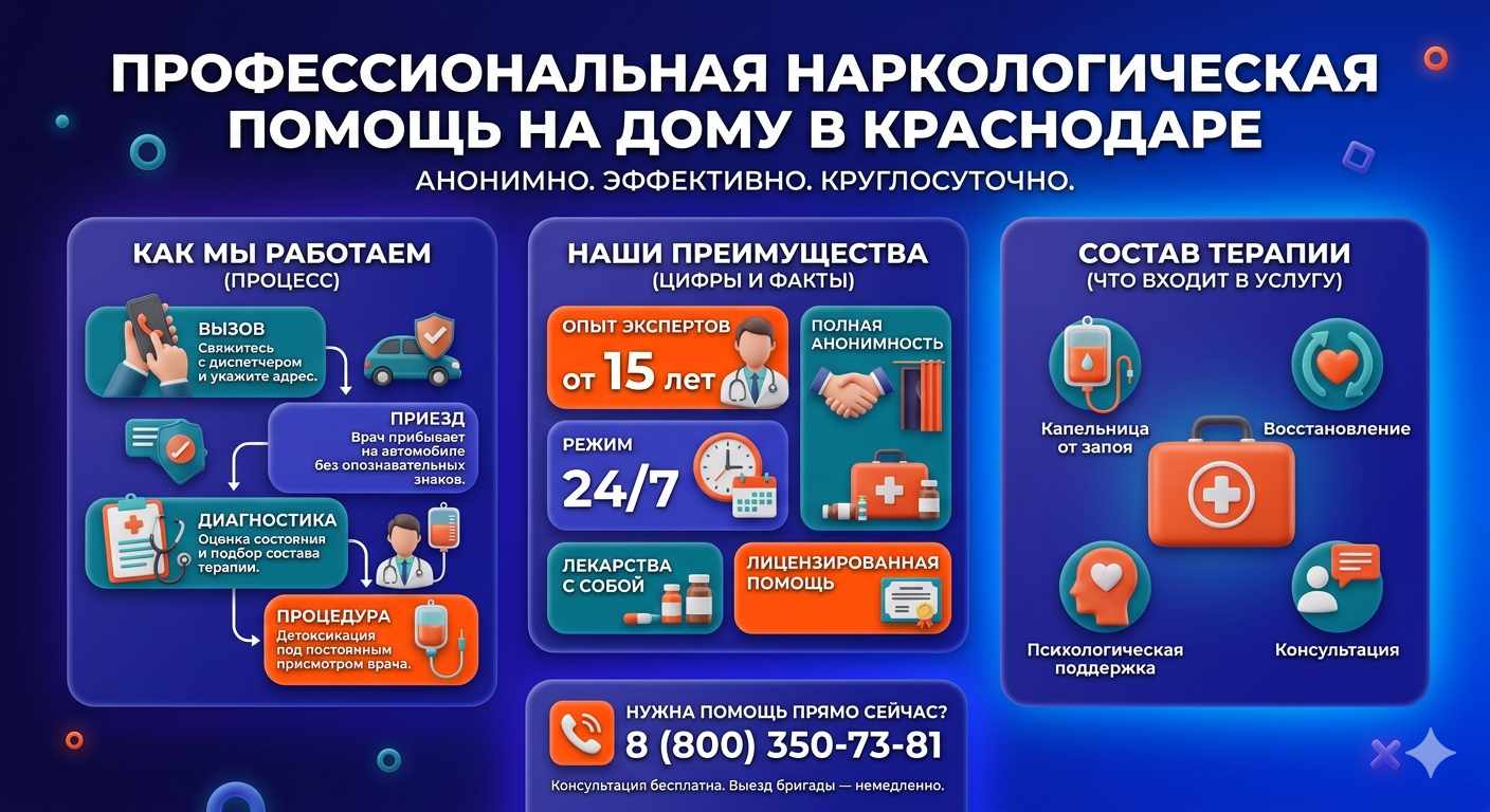Инфографика о принципах лечения алкоголизма на дому в Снежном: этапы вызова нарколога, преимущества анонимной детоксикации и состав медицинской помощи.